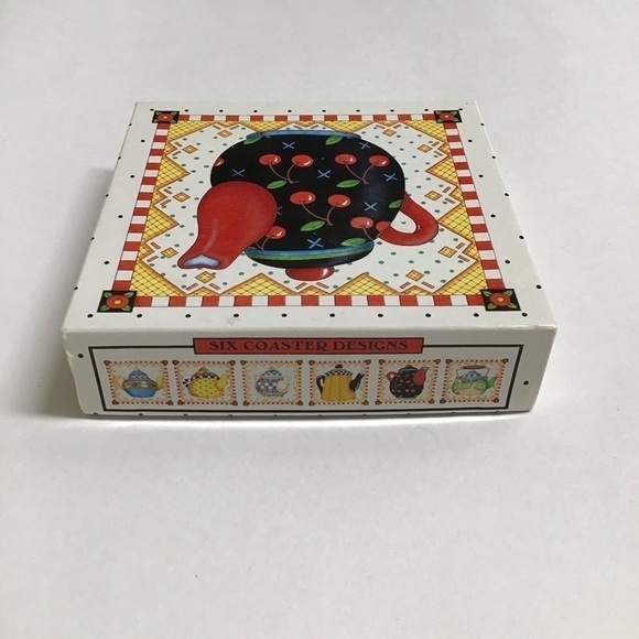 Mary Engelbreit Teapot Coasters Cork Back 4” Square Box SET OF 6 Vintage Cottage - Picture 15 of 16